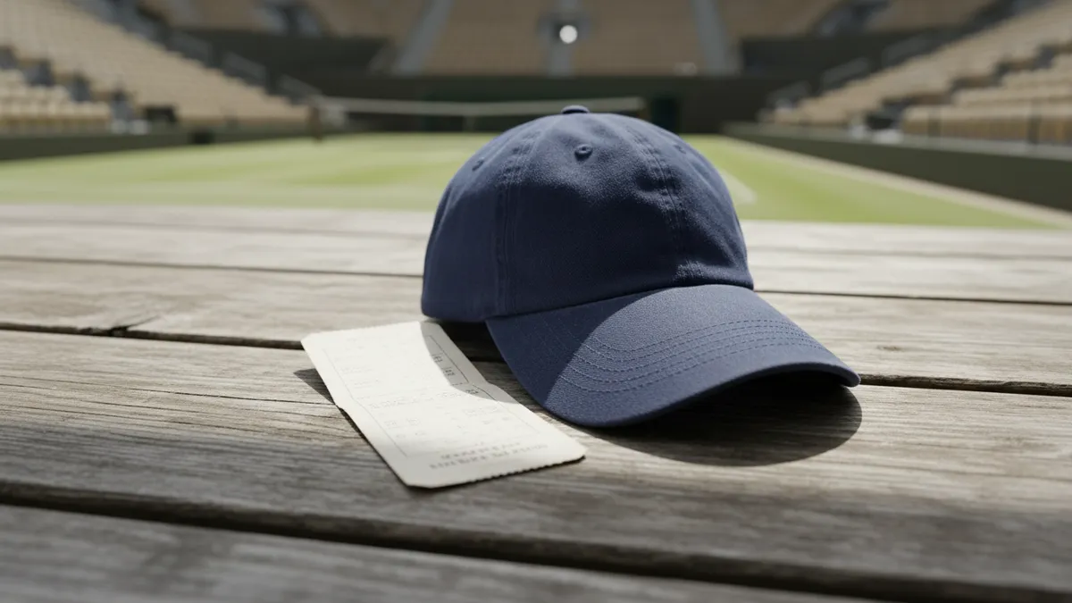 Un ticket y una gorra del US Open sobre una mesa de madera.