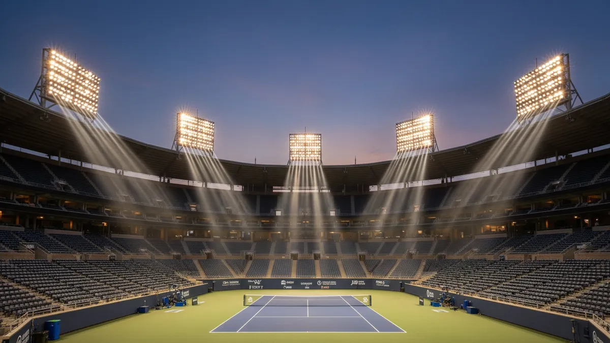 Los focos del estadio Arthur Ashe contra el cielo vespertino del US Open.
