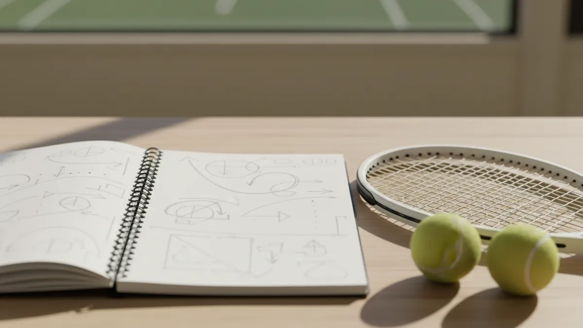 Cuaderno con marcas de lápiz junto a raqueta y dos pelotas de tenis.