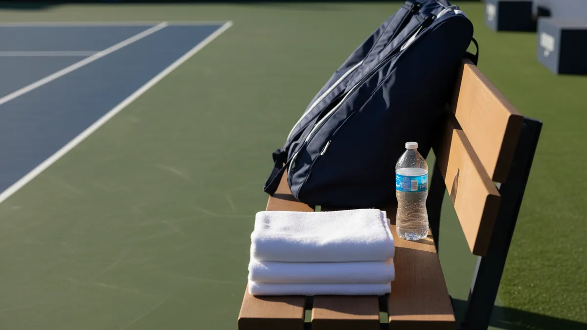 Banco de pista del US Open con toalla, botella de agua y bolsa.