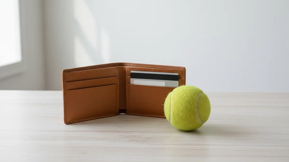 Billetera con tarjeta bancaria y pelota de tenis en una mesa.
