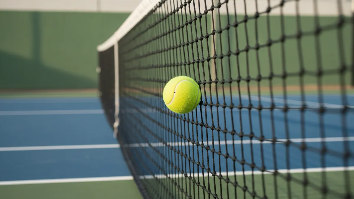 Pelota de tenis apoyada en la banda blanca de la red del US Open.