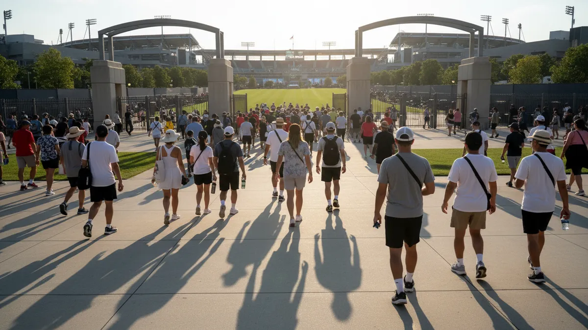 Aficionados caminan hacia las puertas del US Open, vistos de espaldas.