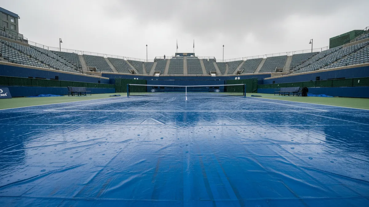 Cancha dura del US Open cubierta por lona, reflejando la luz del día lluvioso.