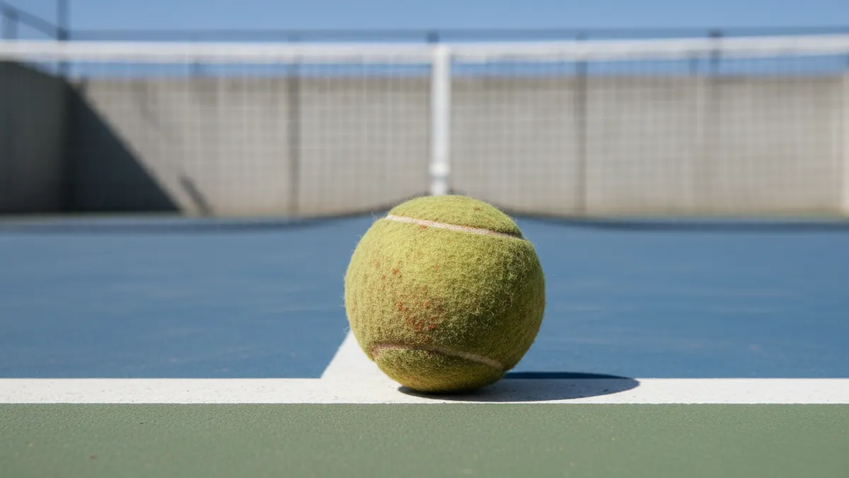 Pelota de tenis con marcas de uso en la línea de fondo de una cancha dura del US Open.