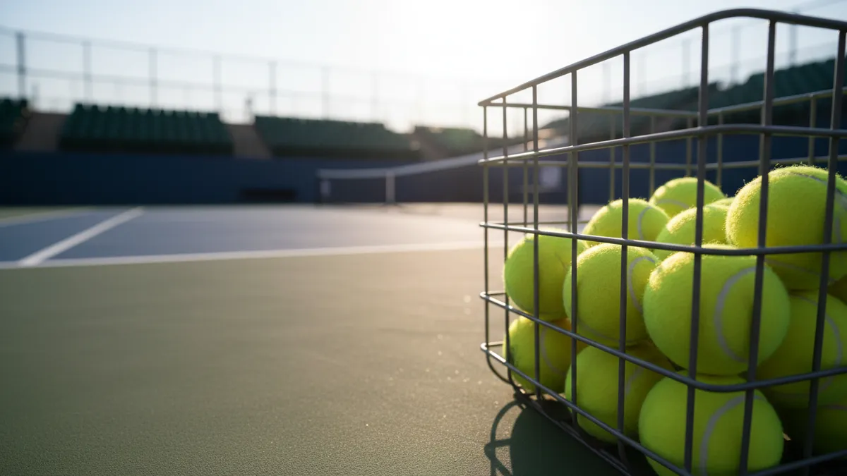 Una cesta de pelotas de tenis en la pista del US Open.