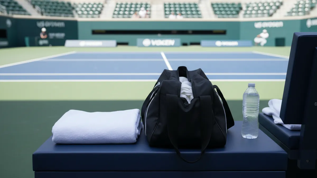 Banco de pista del US Open con toallas, bolsa y botella de agua.