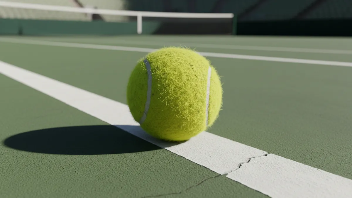Una pelota de tenis desgastada en una cancha dura, lista para el US Open.