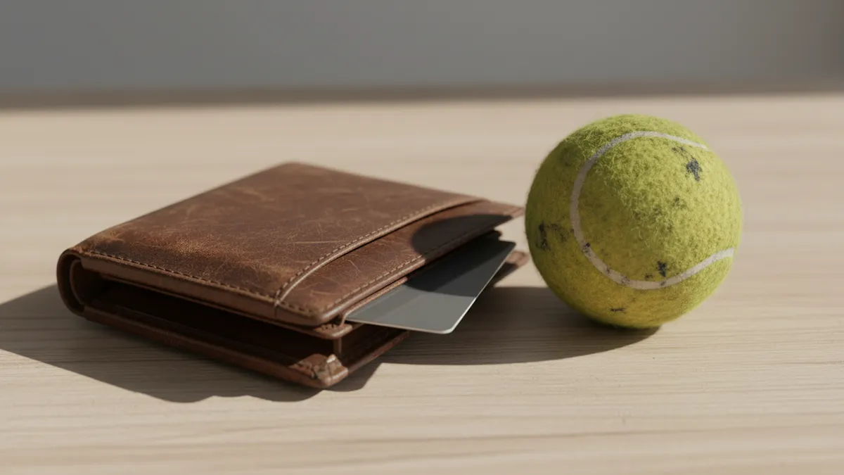 Billetera con tarjeta bancaria y pelota de tenis en mesa de madera.
