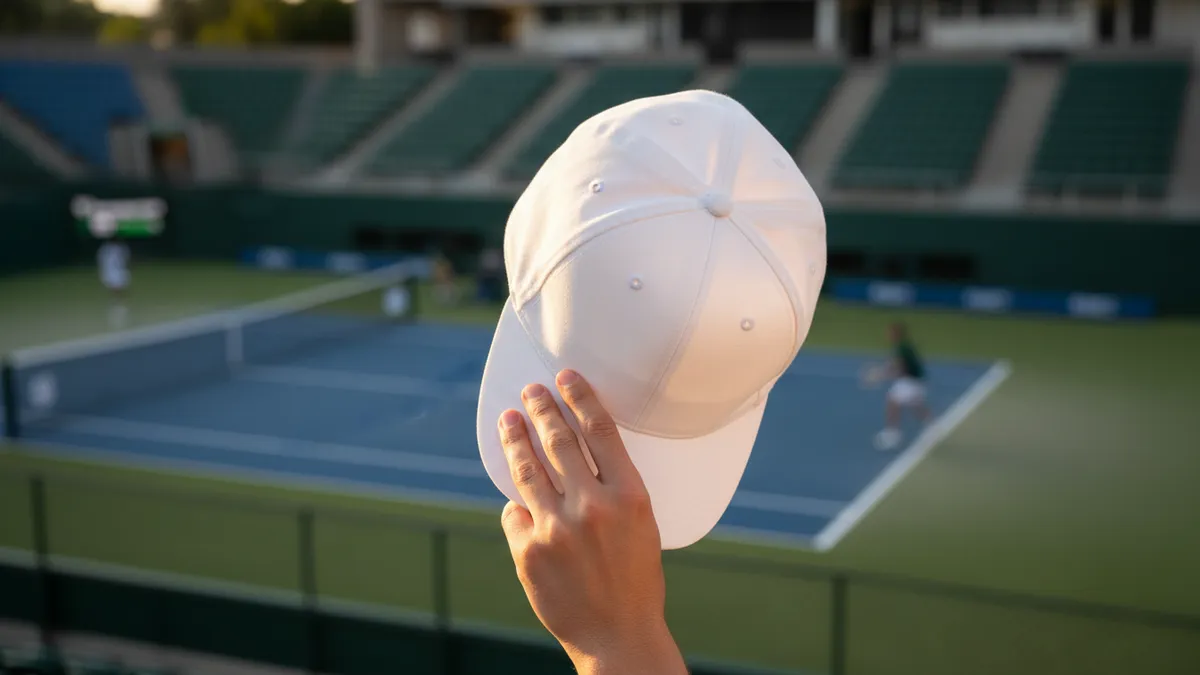Mano de un espectador con gorra del US Open, animando en un partido diurno.