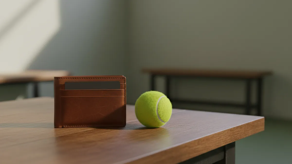 Billetera con tarjeta y una pelota de tenis sobre una mesa de madera.