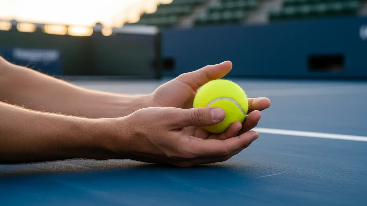 Manos de un jugador de tenis sosteniendo una pelota, en un descanso.