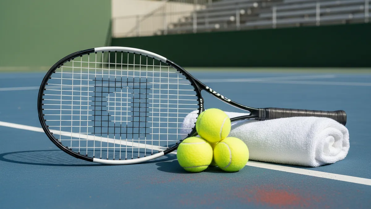 Equipo de tenis en la cancha dura del US Open: raqueta, pelotas y toalla.