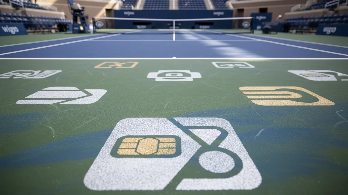Logos de pago sobre la textura de la cancha de tenis del US Open.