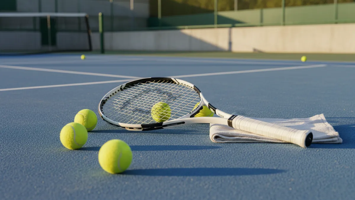 Una raqueta de tenis, pelotas y una toalla descansando en una cancha dura del US Open.