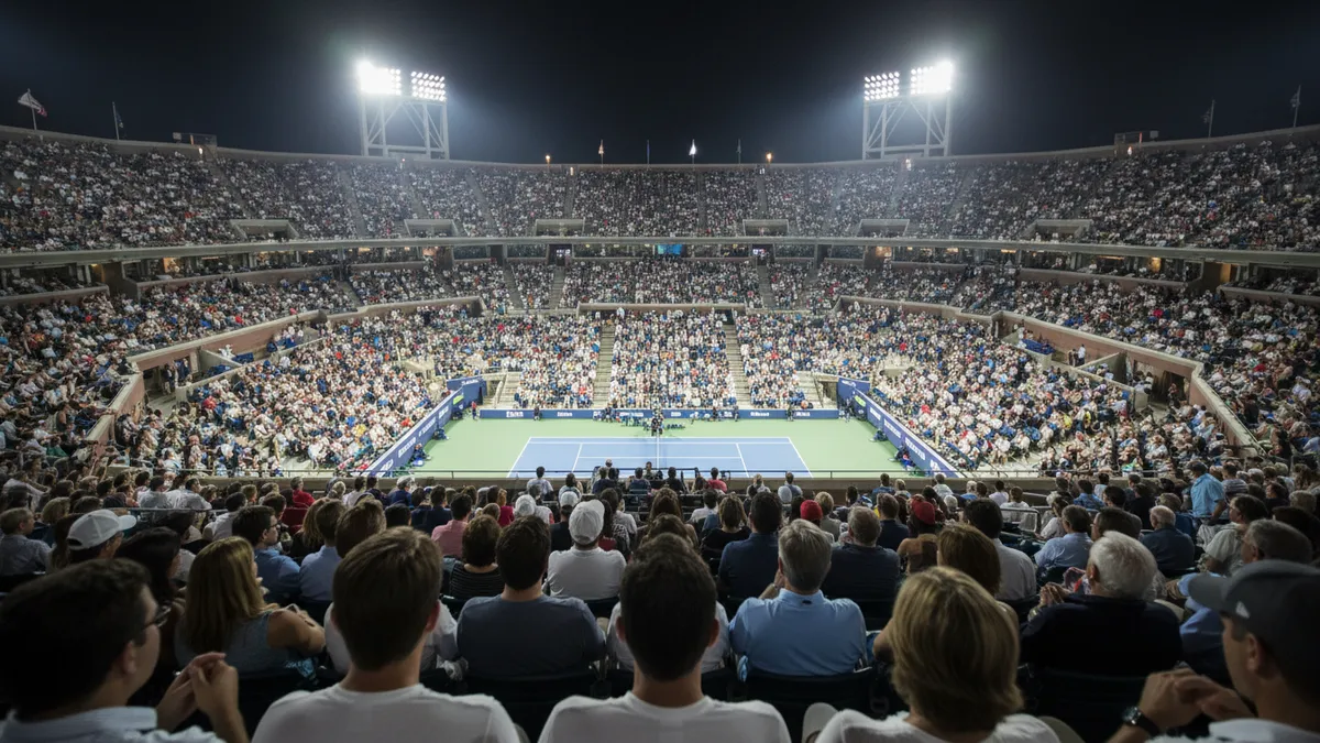 Espectadores de espaldas en las gradas del US Open por la noche