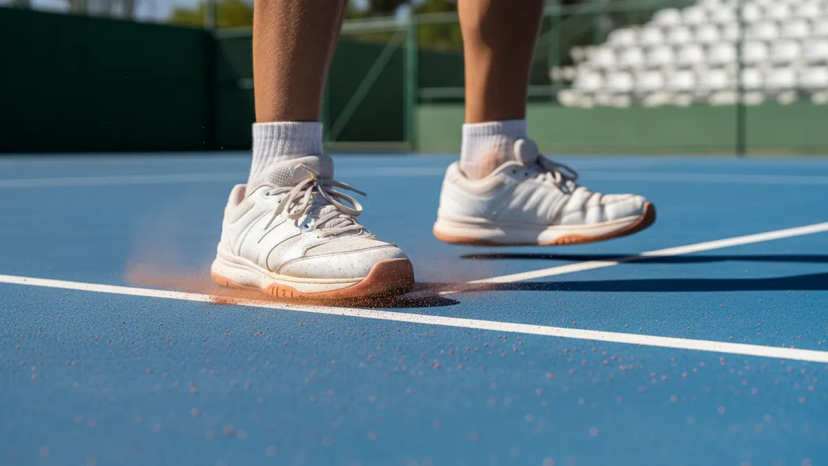 Zapatillas de tenis sobre la línea de fondo en un partido del US Open.