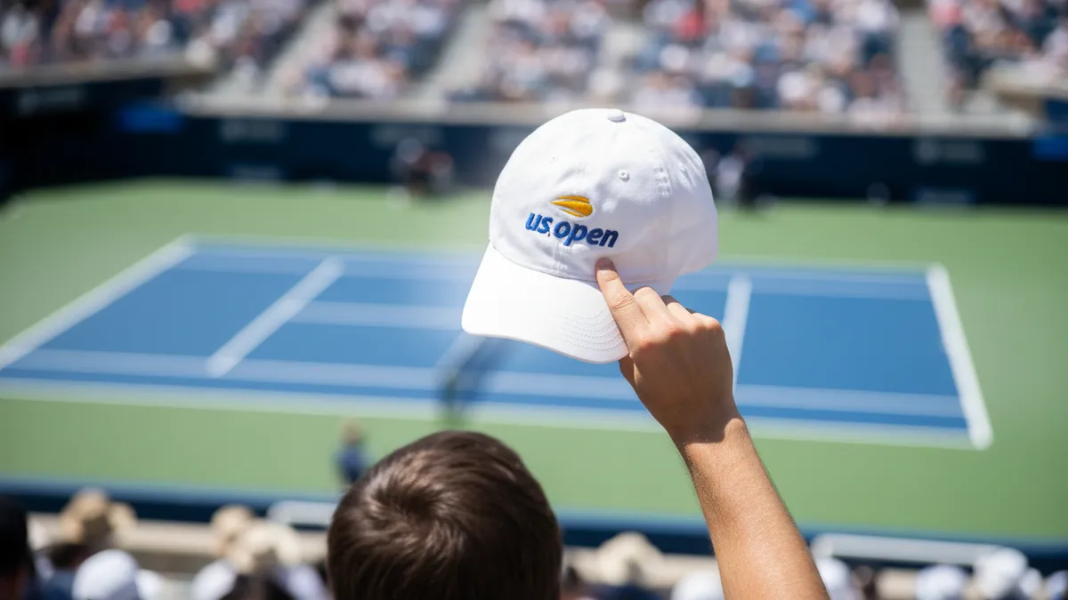 Mano de espectador levantada con gorra del US Open.