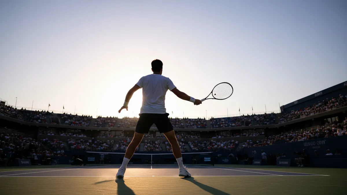Jugador de tenis en acción, silueteado en la pista dura del US Open.