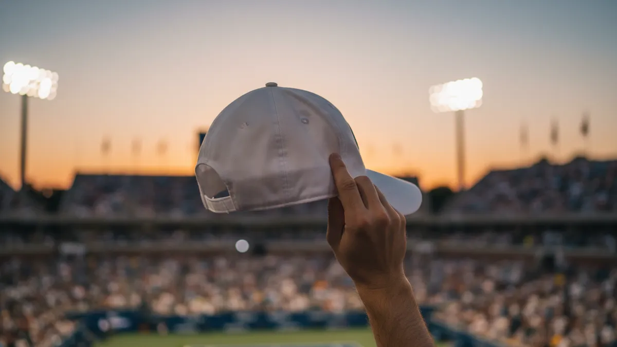 Mano de espectador levantada con gorra del US Open, silueteada.