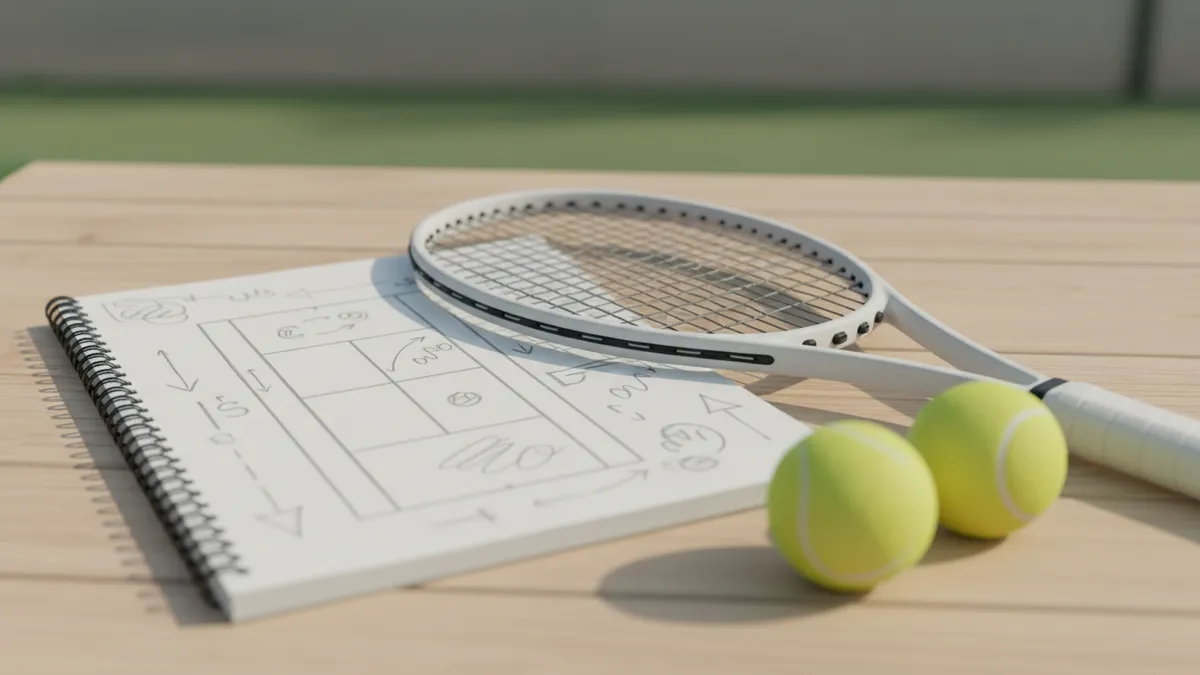 Un cuaderno con notas junto a una raqueta y pelotas de tenis.