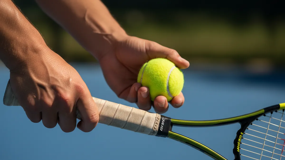 Manos de jugador con una pelota de tenis y la raqueta, en la cancha.