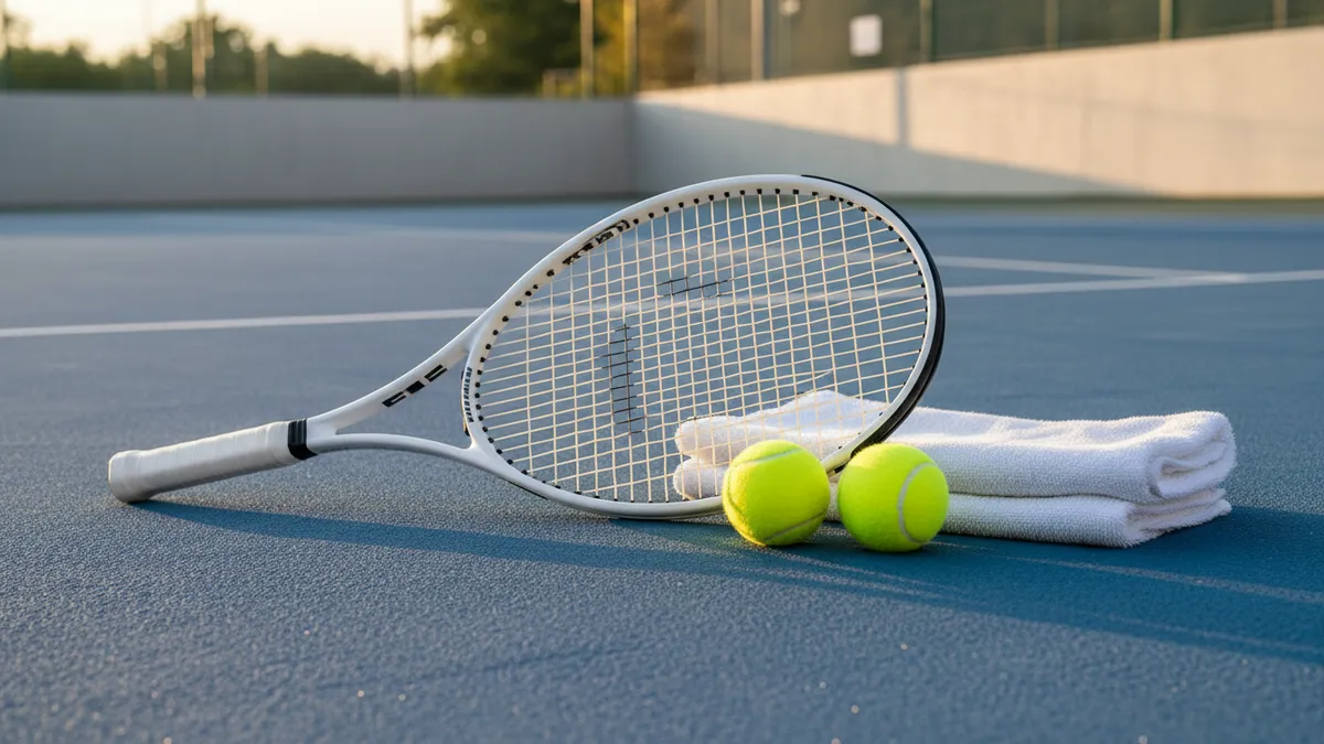 Una raqueta de tenis, pelotas y una toalla en la cancha del US Open.