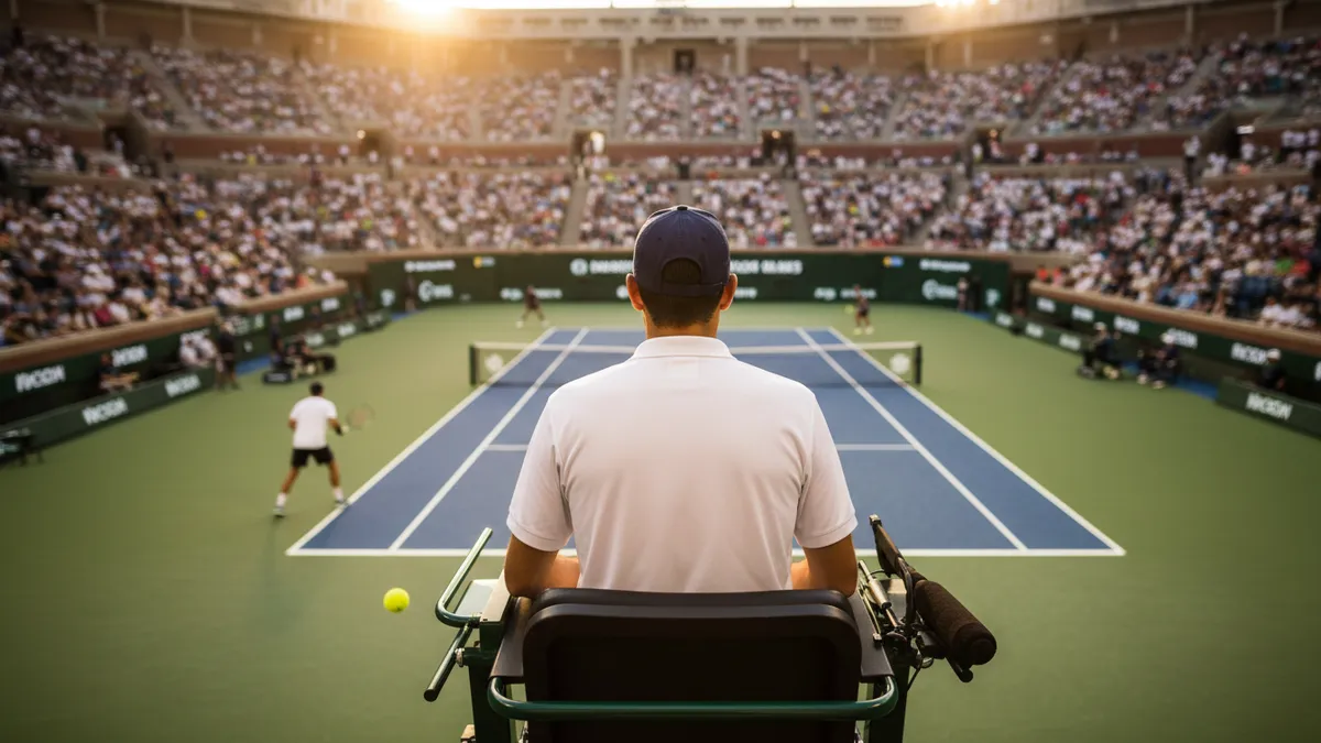 Juez de silla en el US Open, visto desde atrás, supervisando un partido.