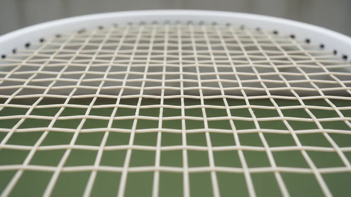 Un primer plano de las cuerdas de una raqueta de tenis, tensas y alineadas.
