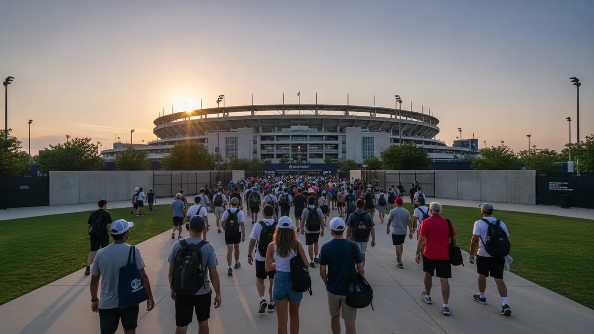 Aficionados caminan hacia las puertas del US Open al atardecer.