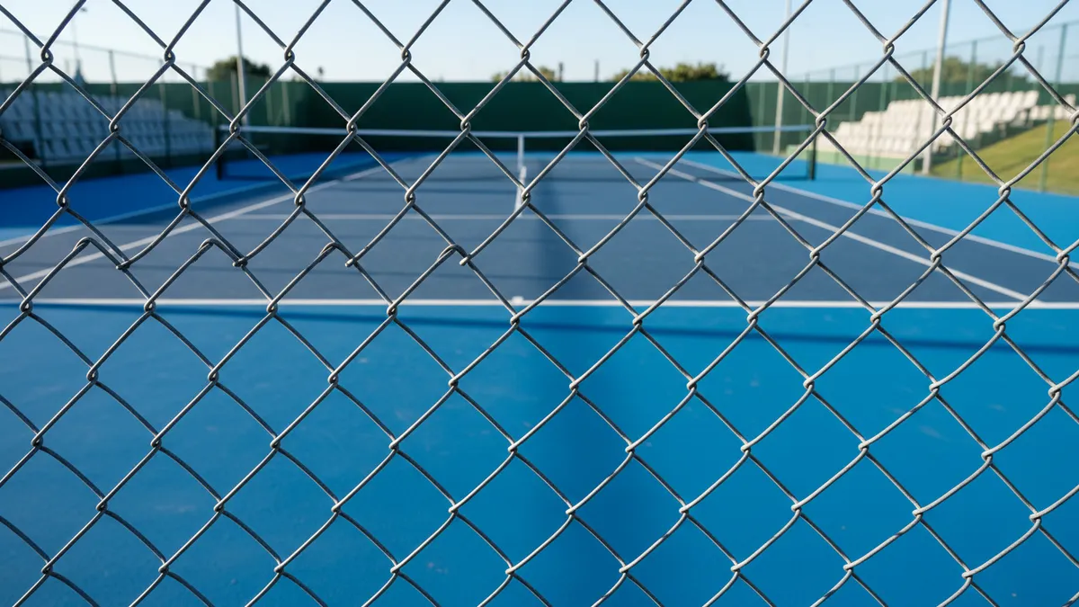 Cancha de tenis vacía en el US Open, vista a través de la valla.