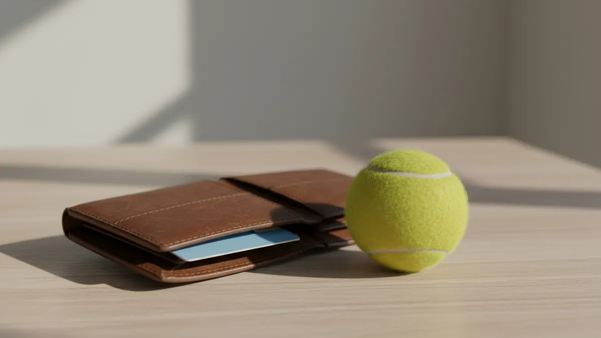 Cartera con tarjeta bancaria y pelota de tenis sobre una mesa.