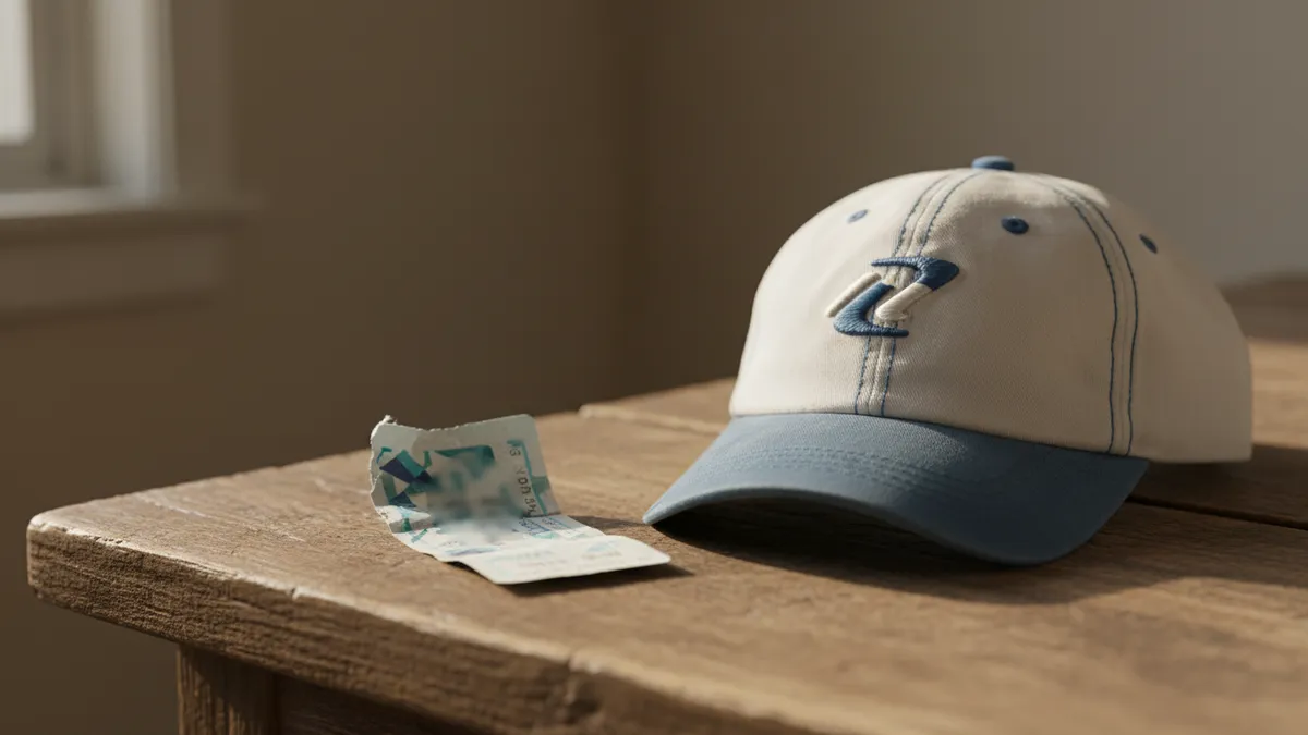 Boleto y gorra del US Open en una mesa de madera.