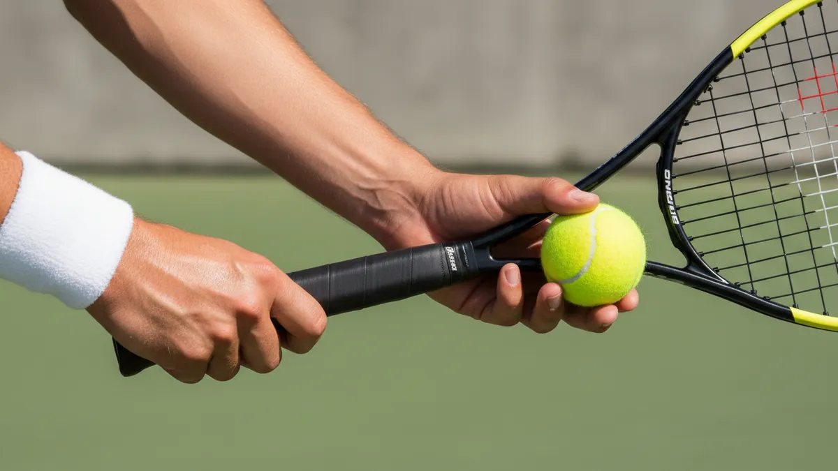 Manos de tenista, una con la raqueta, otra con la pelota, al US Open.