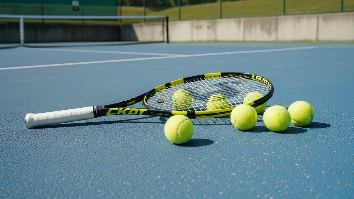 Una raqueta, algunas pelotas de tenis y una toalla sobre la pista del US Open.