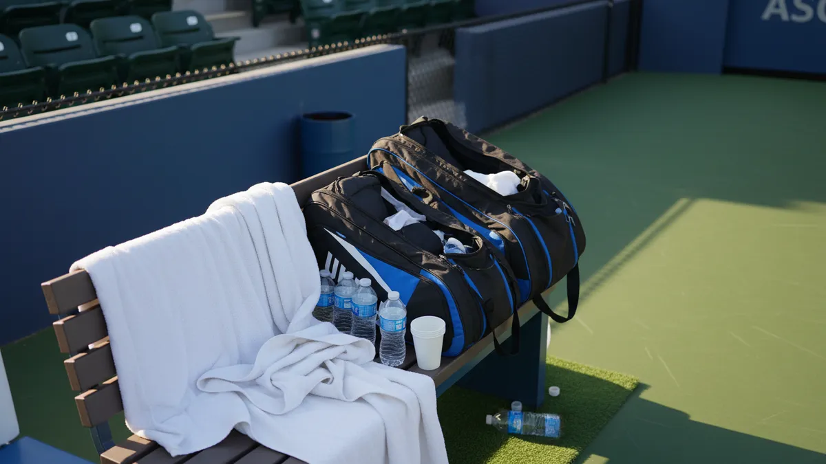 Banco de pista del US Open, con toallas, bolsas y botellas de agua.