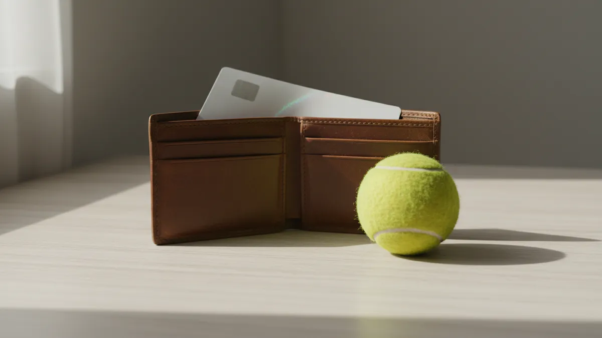 Billetera con tarjeta bancaria y pelota de tenis del US Open sobre mesa de madera.