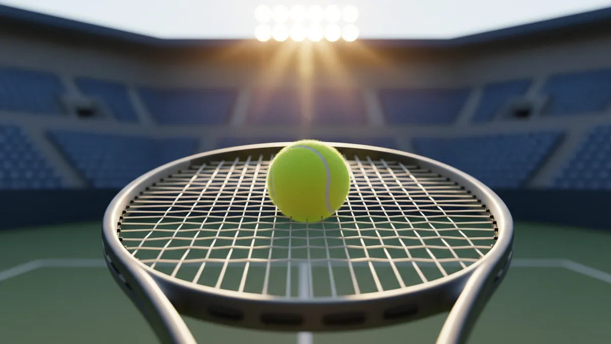 Raqueta golpeando una pelota en lo alto de un saque de tenis en el US Open.