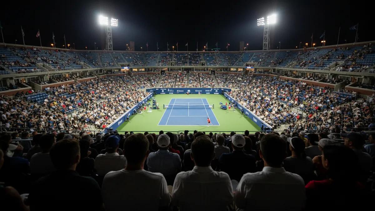 Aficionados en las gradas del US Open bajo los focos nocturnos