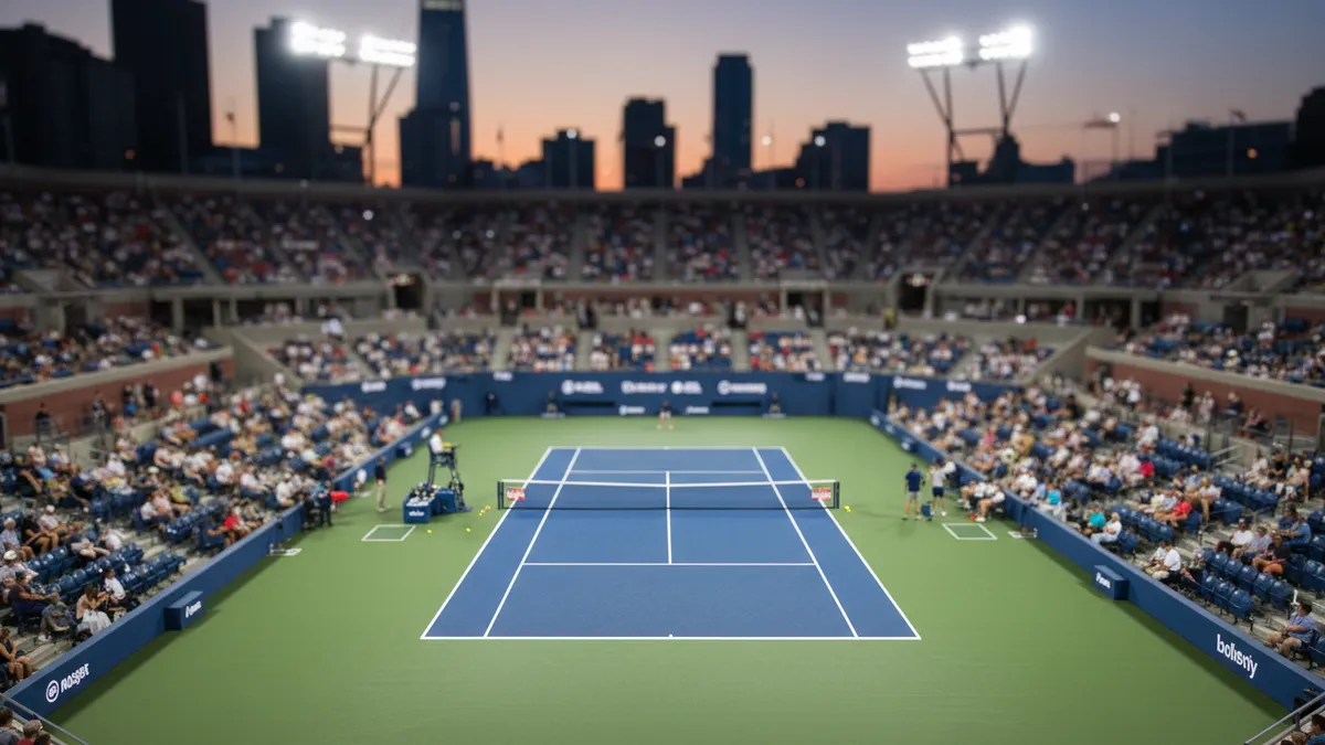 Cancha de tenis completa del US Open y las gradas bajo la luz del estadio.