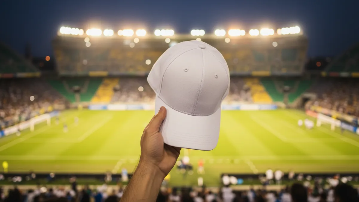Una mano levantada con una gorra del US Open, con luces de estadio al fondo.