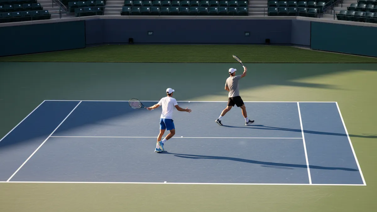 Jugadores calentando en la línea de fondo de una cancha dura del US Open.