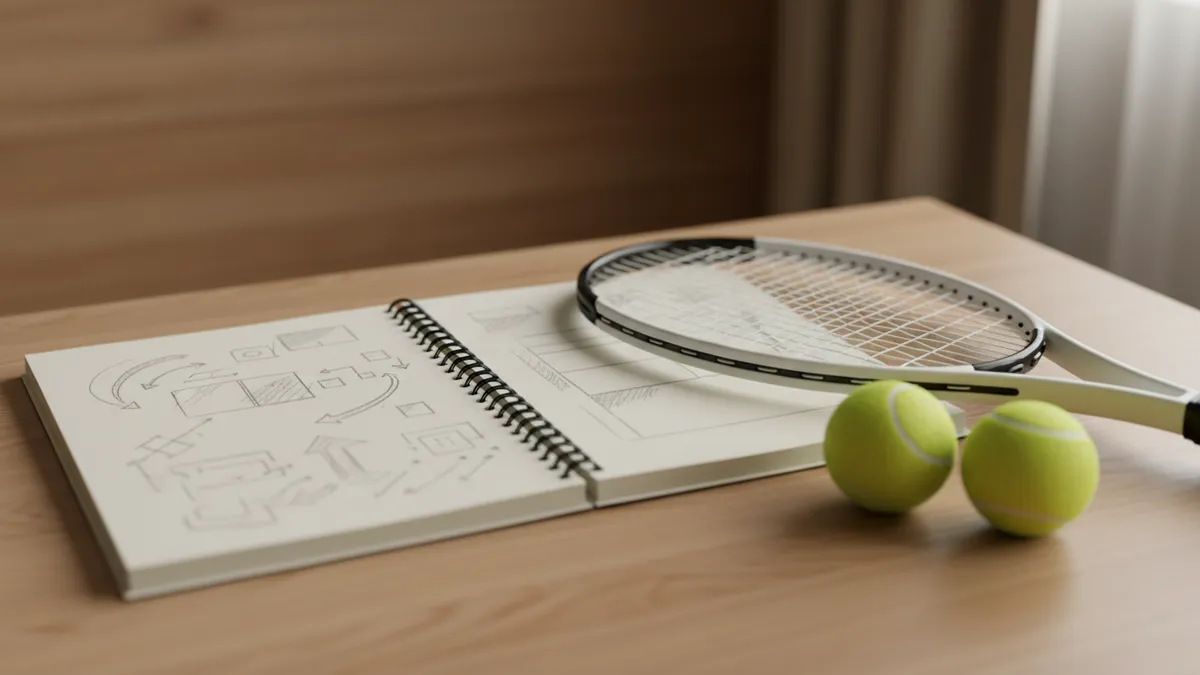 Un cuaderno con anotaciones y una raqueta de tenis sobre una mesa.
