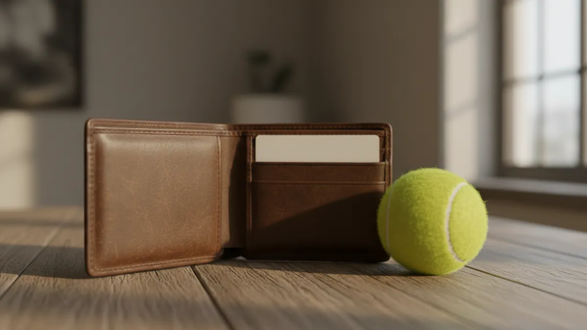 Billetera con tarjeta bancaria y pelota de tenis sobre una mesa.