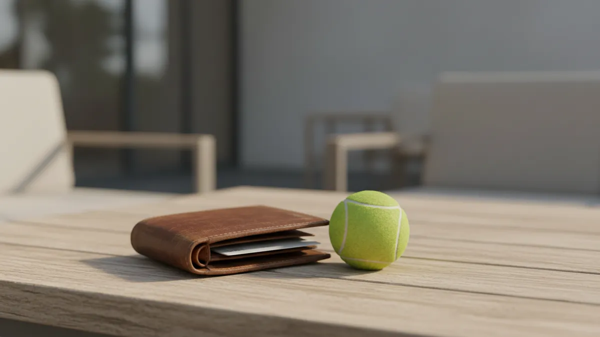 Cartera con tarjeta de banco y pelota de tenis, lista para la apuesta.